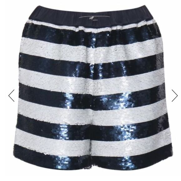 SANDRO SEQUIN Striped White Blue SHORTS Pockets Sz 1 - Picture 1 of 4